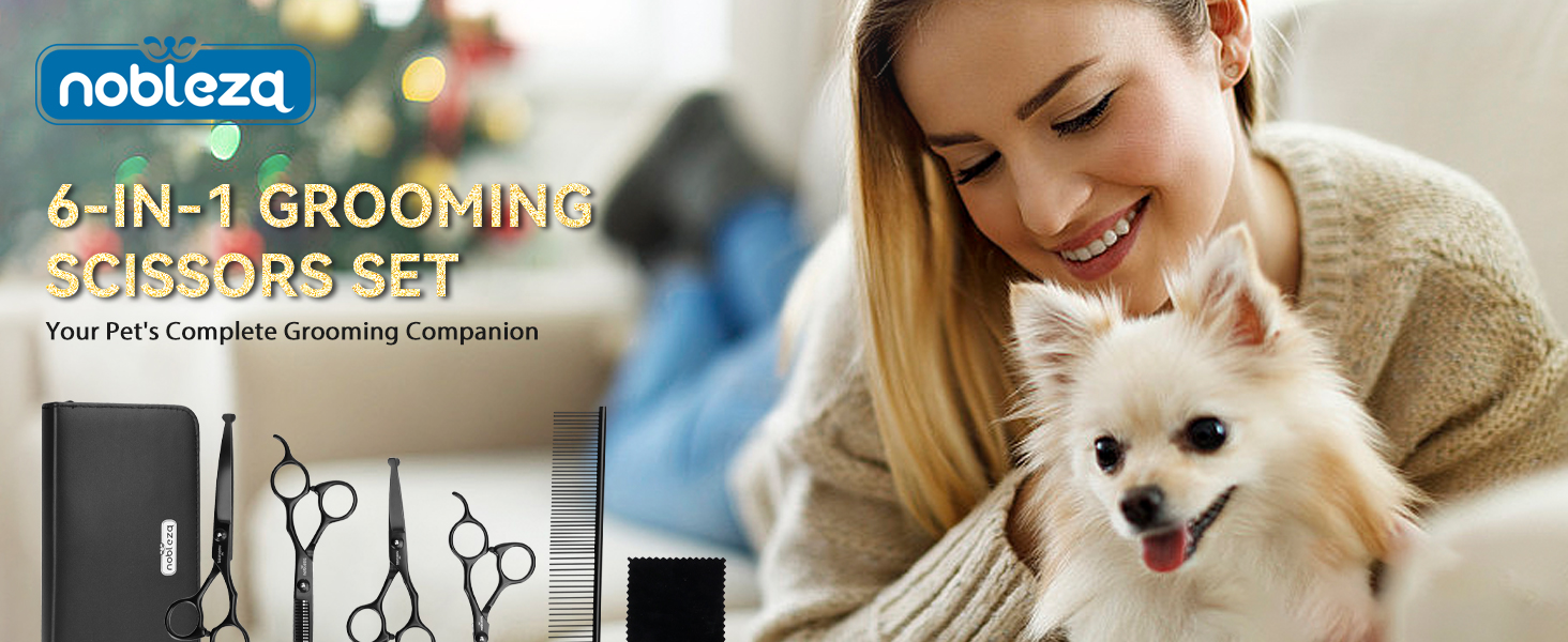 Набір професійних ножиць Nobleza для грумінгу собак та котів, 6 в 1, з нержавіючої сталі 4CR, з гребінцем для догляду за шерстю