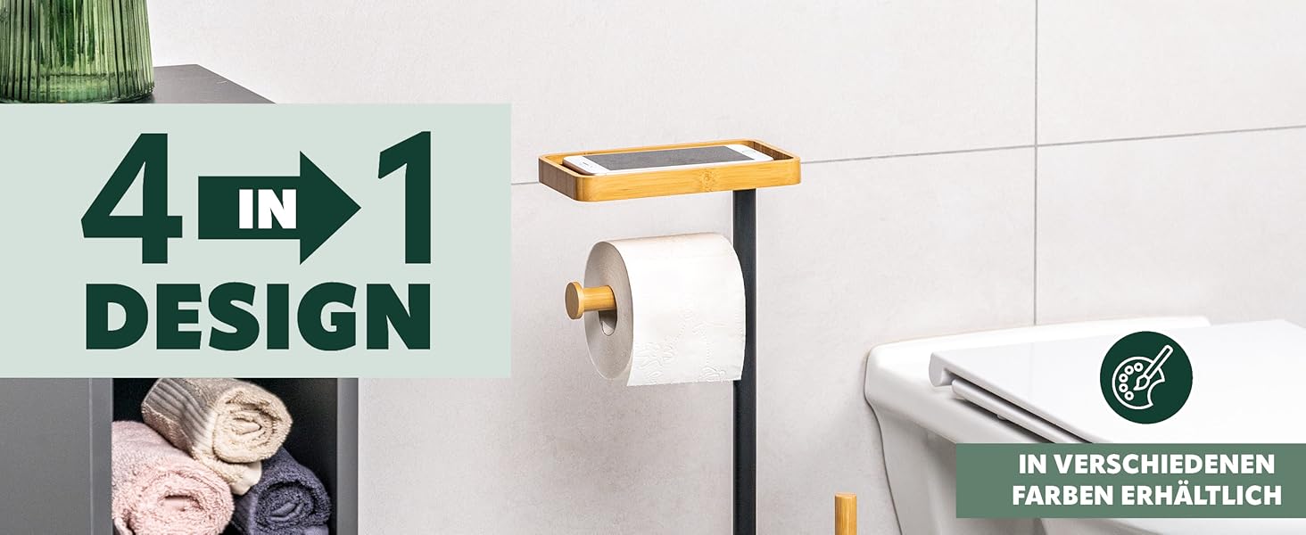 Набір для туалету Eluno 4в1: щітка для унітазу, тримач рулонів, полиця, бамбук/метал (білий)