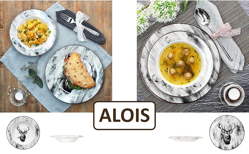 MamboCat Alois Сервіз на 12 осіб з порцелянового посуду з декором оленя (6 супових та 6 обідніх тарілок)