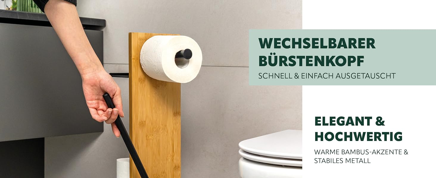 Набір для туалету Eluno Stand-WC 4в1: щітка, тримач туалетного паперу, полиця, бамбук/метал (чорний)