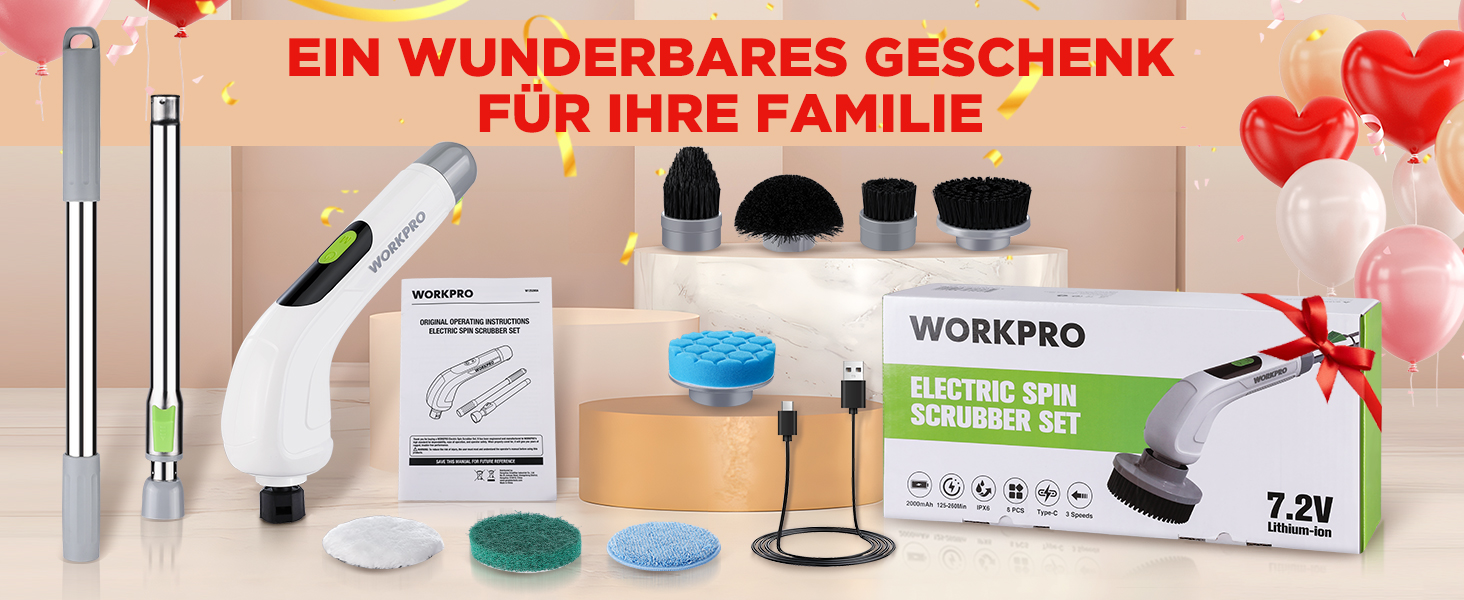 WORKPRO Електрична щітка для прибирання з індикатором потужності, 8 в 1, обертова щітка-скребок, 8 насадок, телескопічна ручка 30-120 см, 3 швидкості, для ванної кімнати та кухні