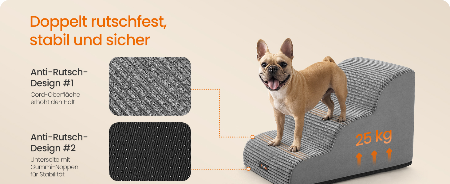 Сходи для собак Feandrea, 3 сходинки, для маленьких собак, котів, водонепроникні, з неслизьким покриттям, знімний чохол, сірий PPS003G01