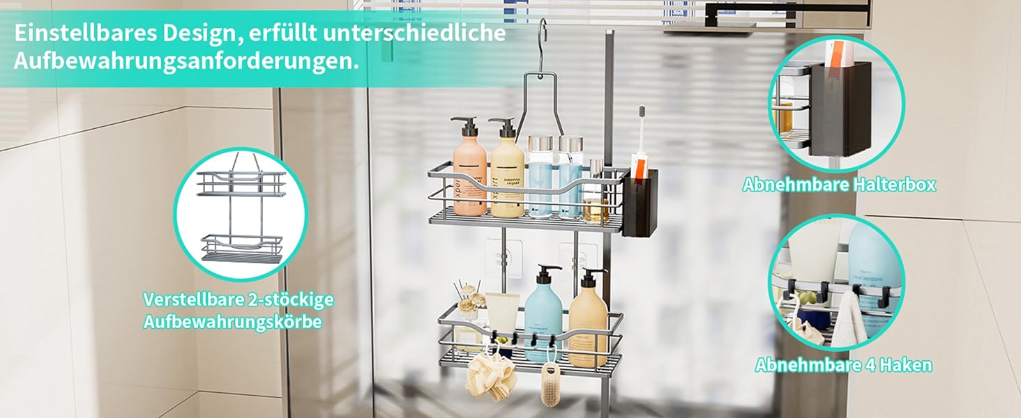 Настінна поличка для душу HapiRm з 4 гачками - поворотна 360°, органайзер для шампуню та мийних засобів, сріблястий
