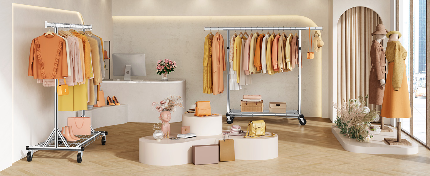 Стійка для одягу на колесах FAVOOOSTY, металева, мобільна, до 200 кг, швидка установка, срібна