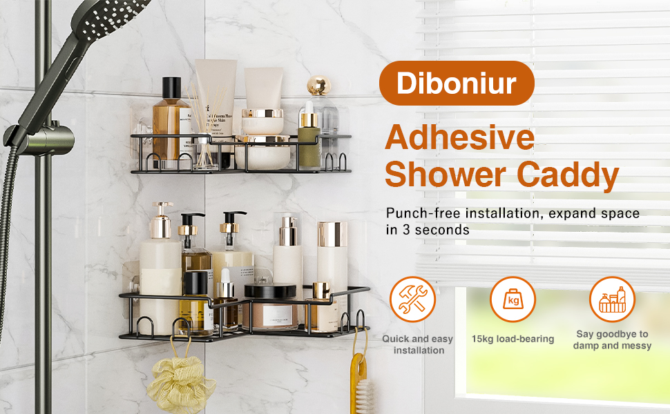 Поличка для душу Diboniur без свердління, кутова, 2 шт. з 8 гачками, з нержавіючої сталі (чорний)