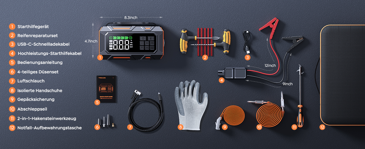 Powerbank для авто 26800mAh 7000A з компресором 160PSI, старт допомога, 5 LED, набір для ремонту шин, молоток, підтримка бензину/дизеля
