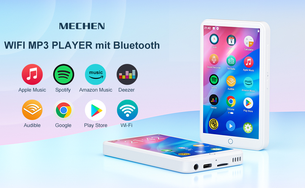 MP3-плеєр MECHEN на Android 9.0 з Wi-Fi та Bluetooth, 4-дюймовий сенсорний екран, підтримка Spotify, Amazon Music, Audible, радіо, білий колір — ідеальний для спорту, подорожей та дітей