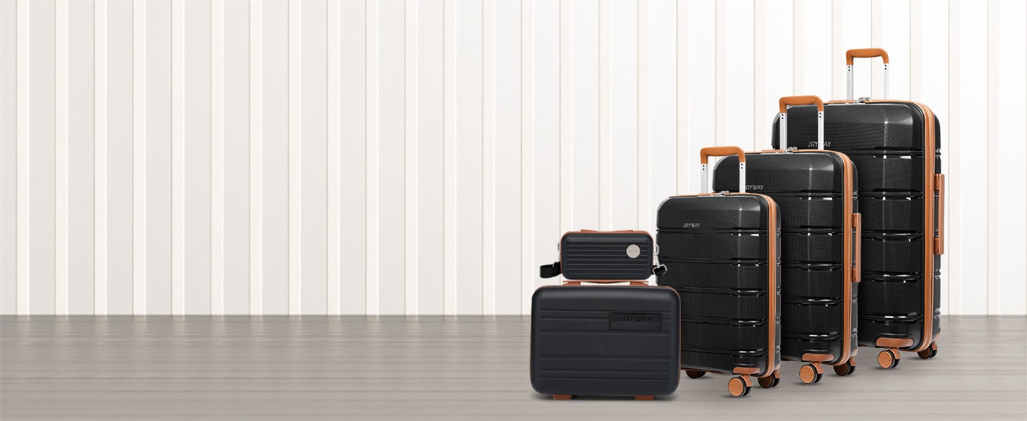 Набір валіз Joyway 5шт з жорстким корпусом, 4 колеса та TSA-замок. Включає косметичку та сумку. Білий/коричневий (Чорний/коричневий, ручна валіза 3шт)