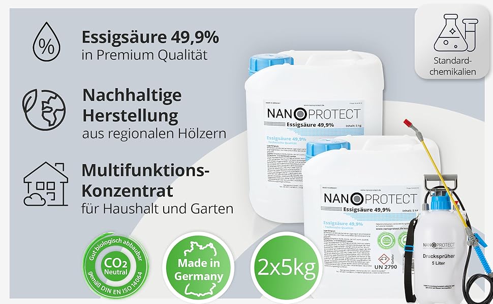 Оцтова кислота Nanoprotect 10 кг з розпилювачем, преміум очищувач і засіб від накипу для дому та саду, Німеччина