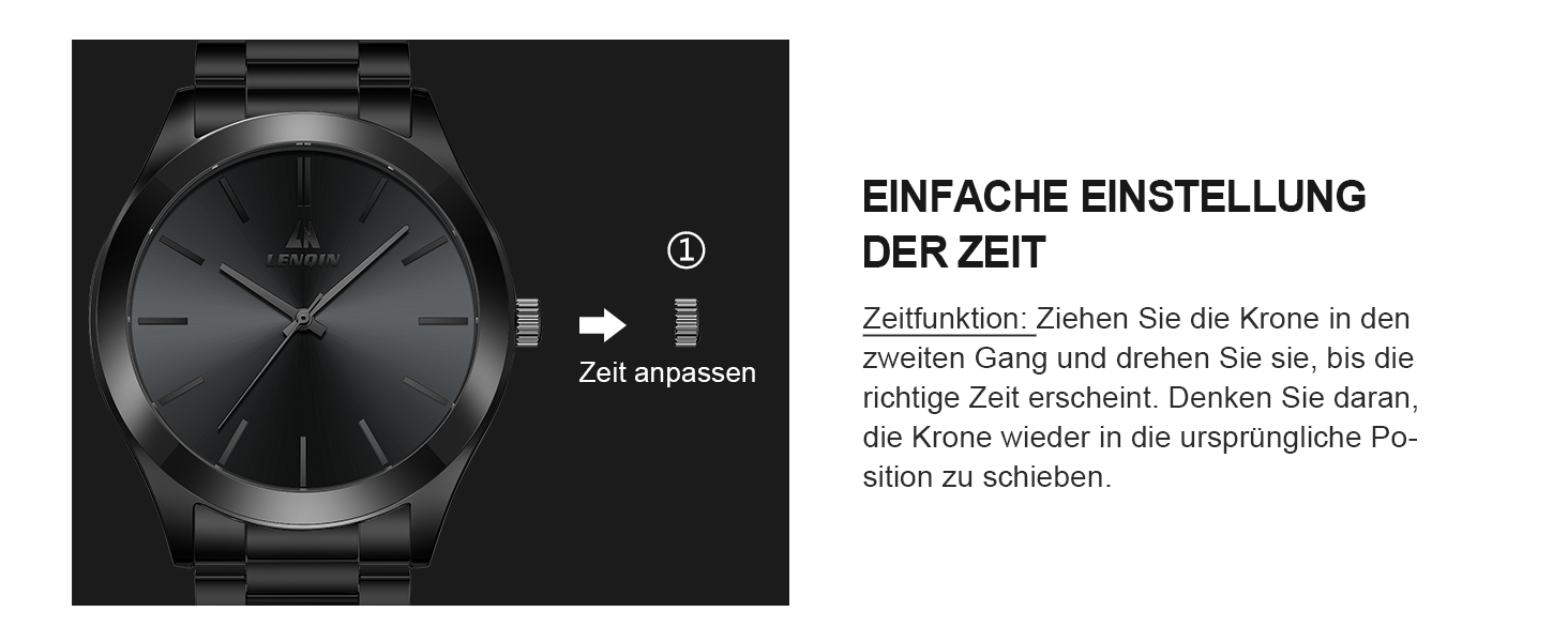 Чоловічий годинник LN LENQIN з нержавіючої сталі, водостійкий (30м), кварцовий, аналоговий, для бізнесу та повсякденного носіння (01 - Чорний)