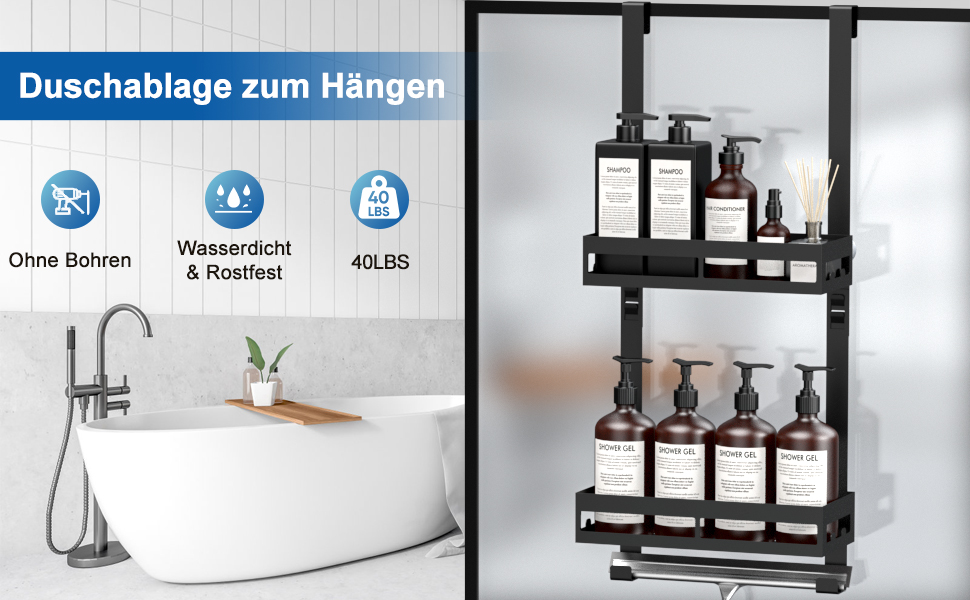 Настінна поличка для душу без свердління, органайзер для ванної кімнати з 2 кошиками, тримач для шампуню, чорний, 2 яруси