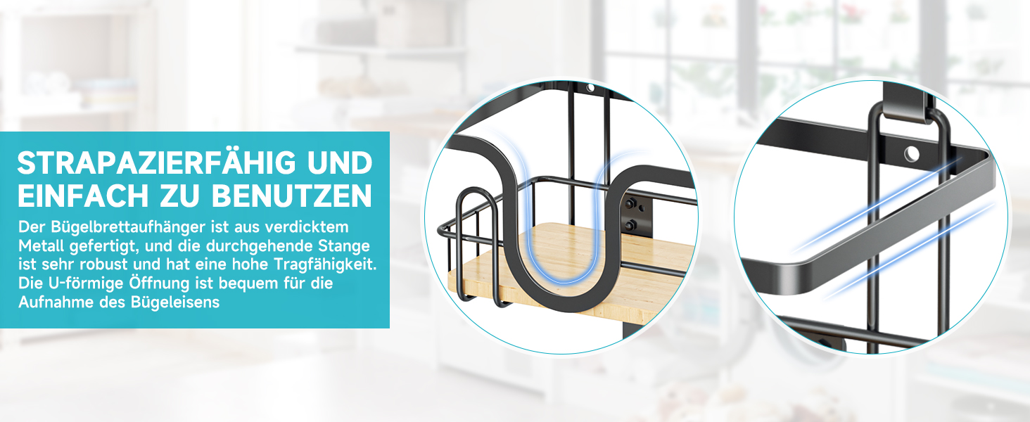 Настінна підставка для прасувальної дошки з кріпленням над дверима, чорна, з великим кошиком та знімними гачками