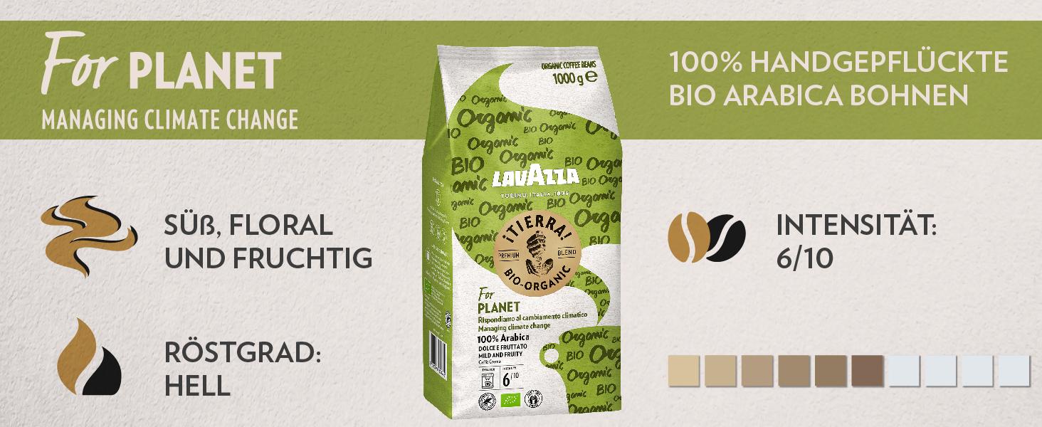 Кава в зернах Lavazza Tierra For Planet, 100% органічна арабіка, легкого обсмаження для еспресомашини, м'який фруктово-квітковий смак, 1 кг
