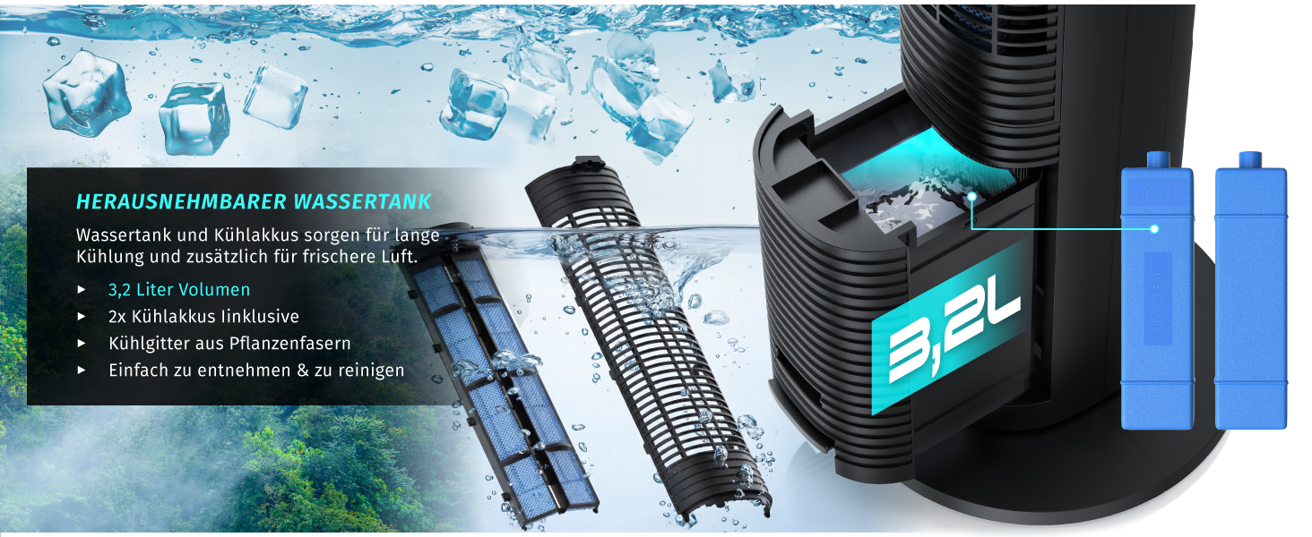 Вентилятор з водяним охолодженням Brandson ECO Design – тихий DC мотор, 9 швидкостей, таймер, іонізація, пульт керування (чорний)