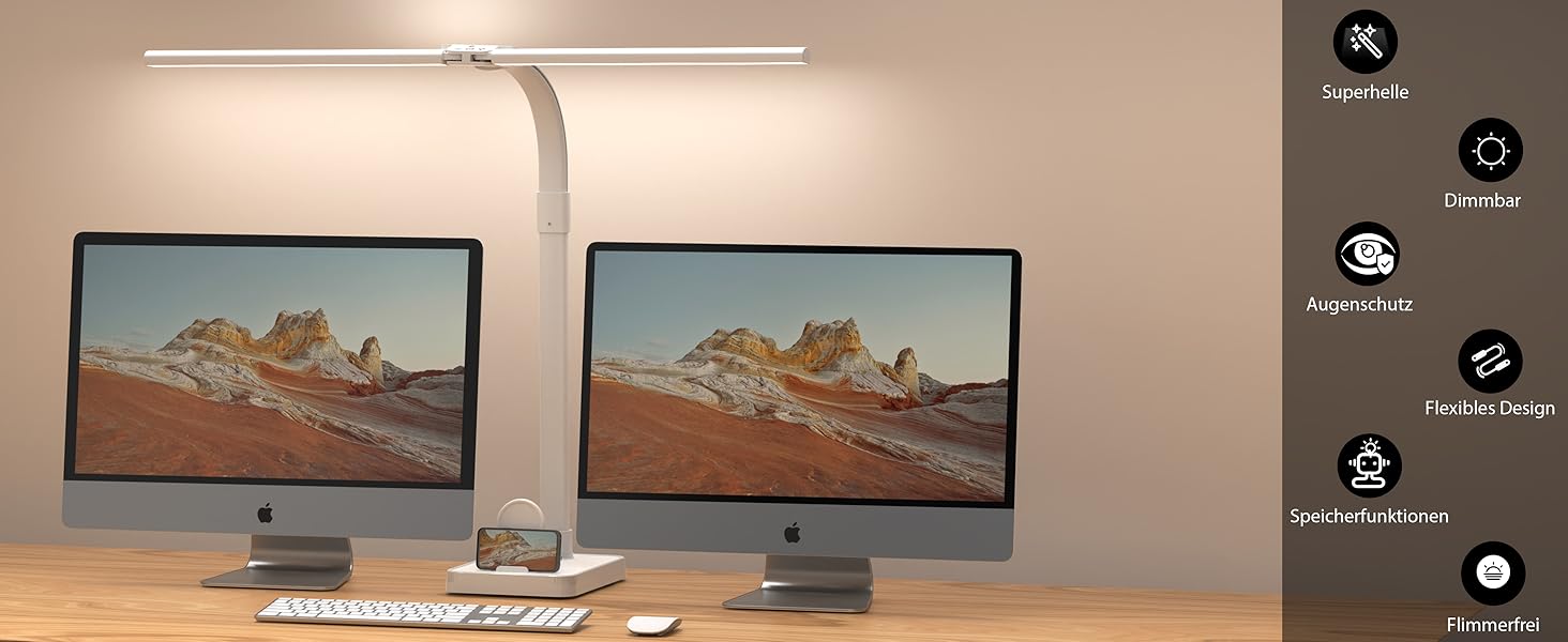 LED лампа для столу Doppelkopf з регулюванням яскравості, 24W, 80см, для дому/офісу, денне світло, лампа-лебідь, з підставкою для телефону