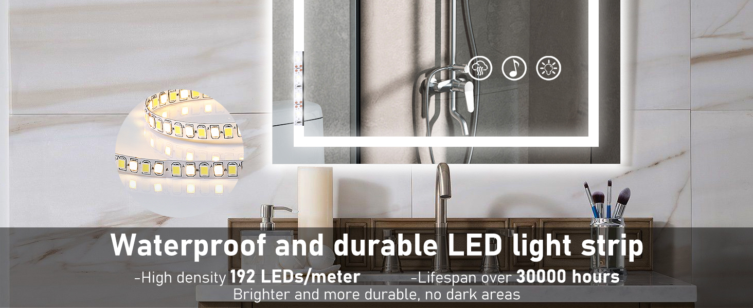 Дзеркало для ванної кімнати 50x70 см з підсвічуванням LED, антизапарююче, димування, 3 кольори світла, Bluetooth