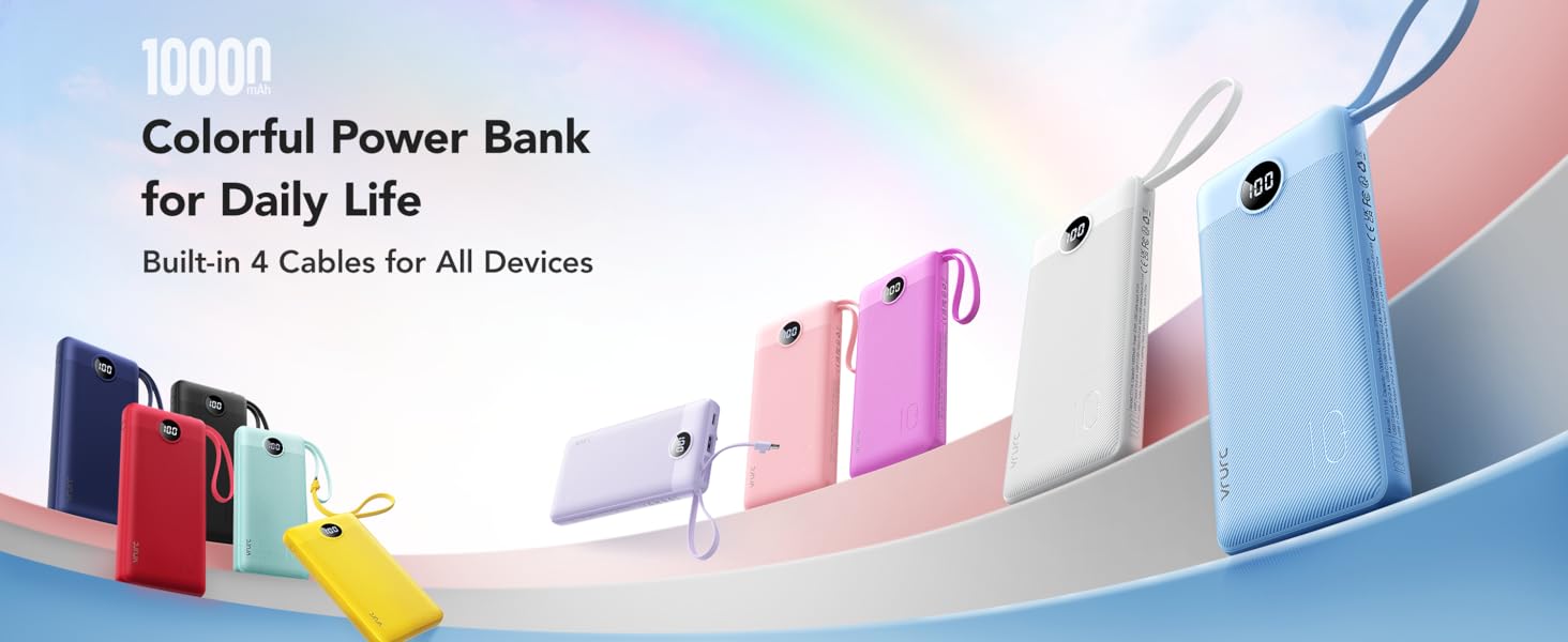 Powerbank VRURC 10000mAh з кабелем: портативний зарядний пристрій USB-C з LED дисплеєм та 5 виходами, 2 входами, сумісний з iPhone, Huawei, Samsung та іншими смартфонами (колір: туманний фіолетовий)