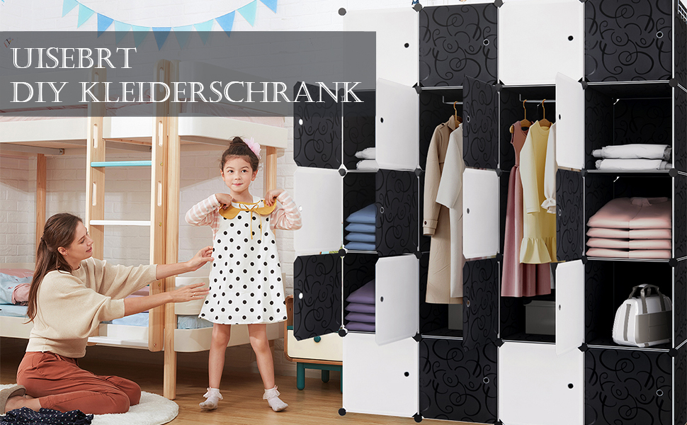 UISEBRT DIY Plastic Wardrobe System - Stackable Shelving Unit, Closet Organizer, Coat Rack, Shoe Rack, Plastic Boxes, Black with Pattern (20 Boxes with Door)