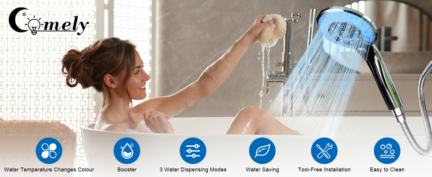 LED Shower Head, Rain Shower with 3 Color Changing Lights, Temperature Control, Handheld Shower with Digital Temperature Display, Large, Water-Saving, Pressure-Boosting Shower Head, Chrome
