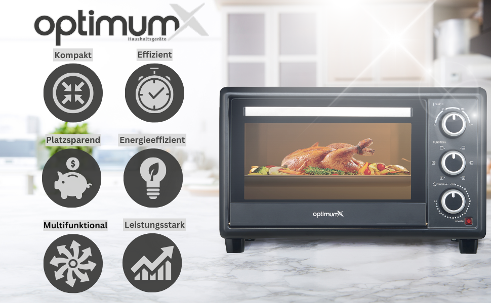 Міні-піч OptimumX 20L з конвекцією, таймером 60 хв, для піци, 1380 Вт, чорний