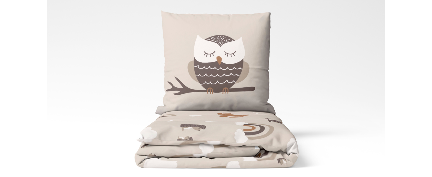 Дитяча постільна білизна 135x200/80x80, Райдуга, Сова та лісові тварини - преміум якість, приємна до шкіри - для дівчаток та хлопчиків - 100% бавовна (Сова), комплект постільної білизни Сова