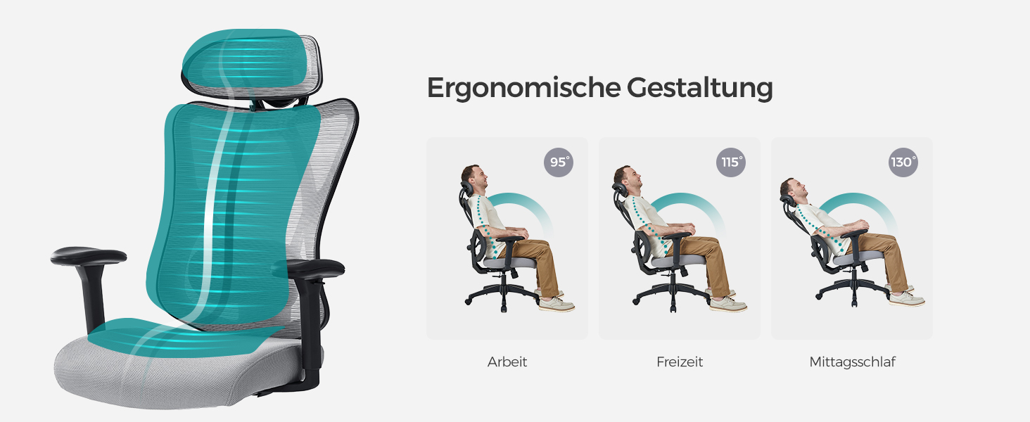 Офісний стіл SONGMICS: ергономічне крісло з регульованою поперековою та підголовною підтримкою, до 150 кг, регульована висота, сірий