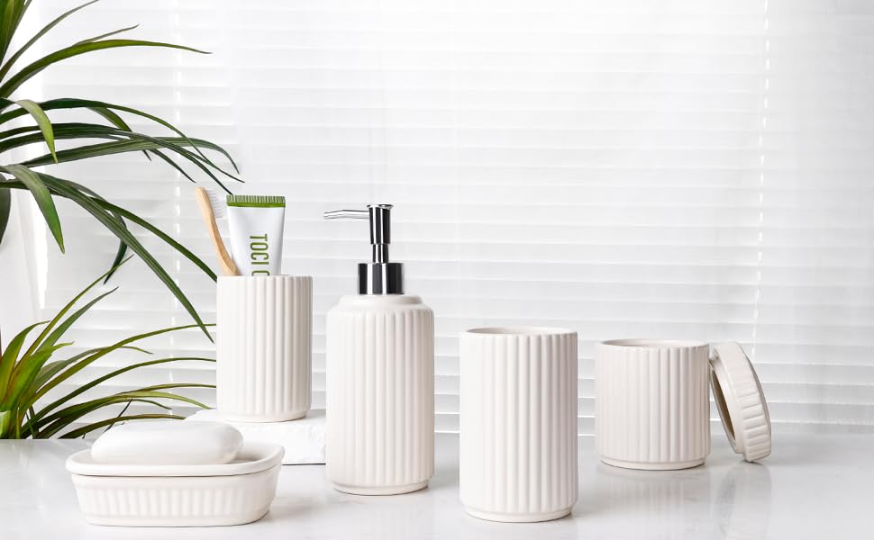 Набір для ванної кімнати NOVAJOY (5 предметів) – керамічний органайзер, мильниця, дозатор для мила, тримач для зубних щіток, контейнер для ватних паличок, бежевий