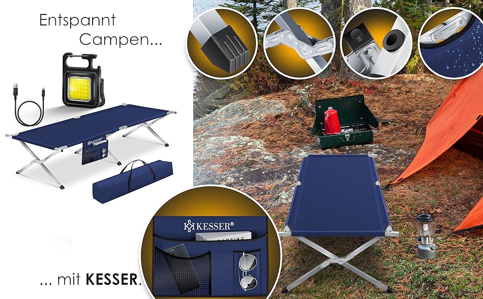 Ліжко туристичне розкладне KESSER® 210 см з сумкою, ліхтарем та кишенями, синій. Витримує 150 кг, сталевий каркас, 600D Oxford