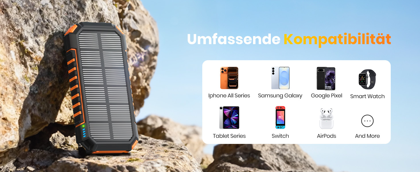 Power Bank Fandealo 27000mAh з сонячною панеллю – 22,5W, PD, QC 3.0, USB-C, 2 кабелі, 2 ліхтарики, для смартфонів, планшетів, кемпінгу