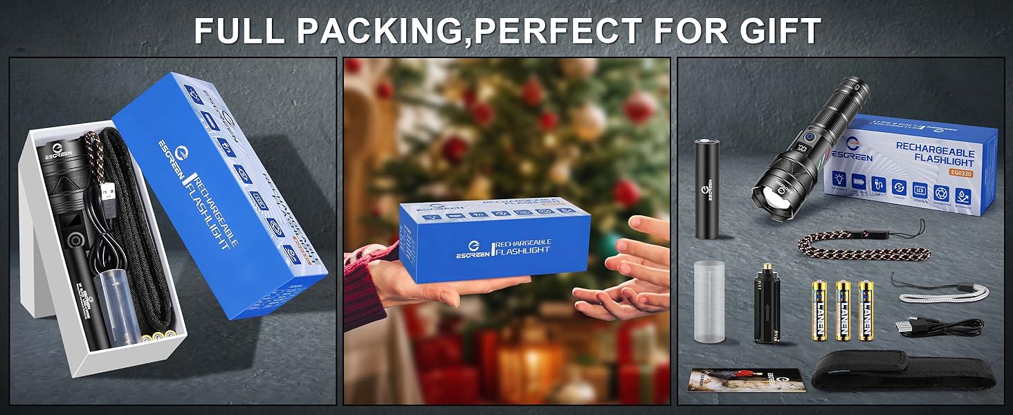 LED ліхтарик Esgreen 500000 люменів - тактичний, потужний, з USB-C, зумом, 5 режимів, для кемпінгу та безпеки