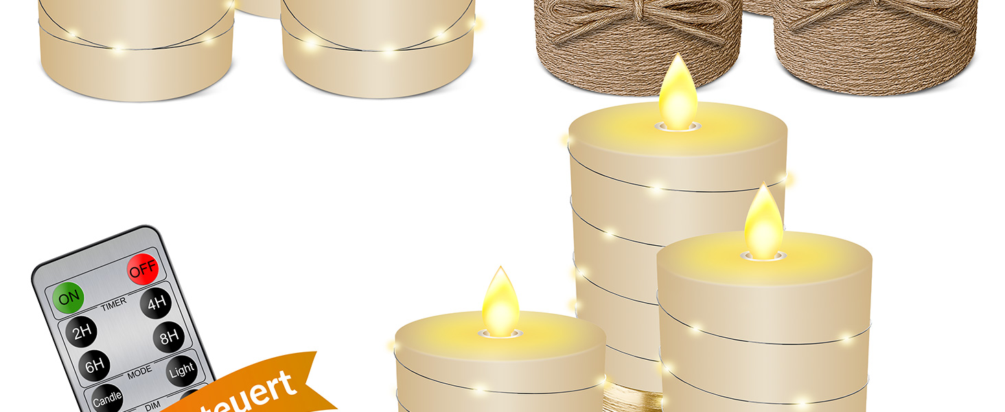 LED свічки KESSER, набір 3 шт., з таймером, з ефектом мерехтіння, фламінгові, з натурального воску, висота 10/12,5/15 см, для декору