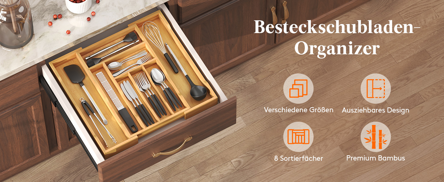 Органайзер для столових приборів Lifewit в шухляду, бамбуковий, 47 см (29-50 см)