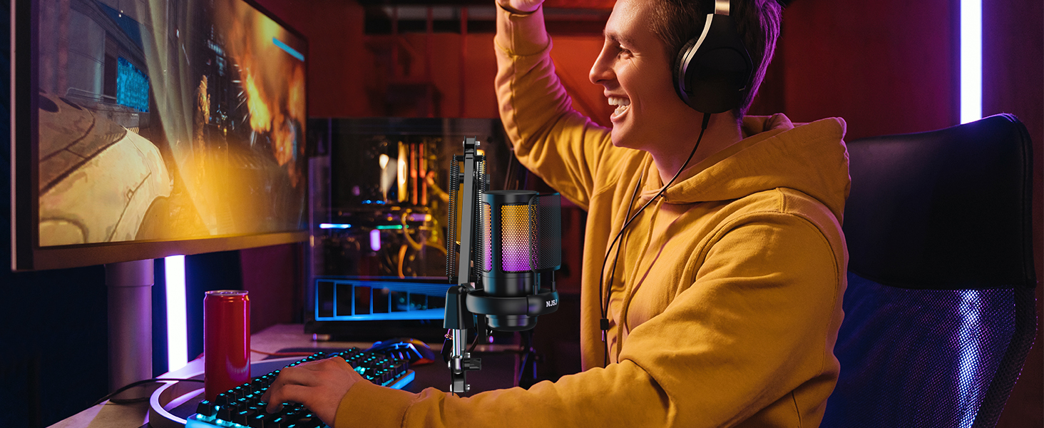Мікрофон для комп'ютера NJSJ Gaming з тримачем, USB для PC, MAC, PS4/PS5: з кнопкою вимкнення звуку, навушниками, поп-фільтром, конденсаторний кардіоїдний для стрімінгу та подкастів (Чорний)