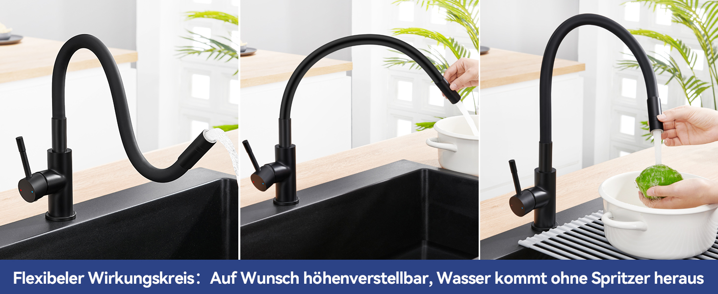 Змішувач для кухні гнучкий чорний, нержавіюча сталь, 2 режими струменя, 360° поворот, кухонний змішувач, преміум якість