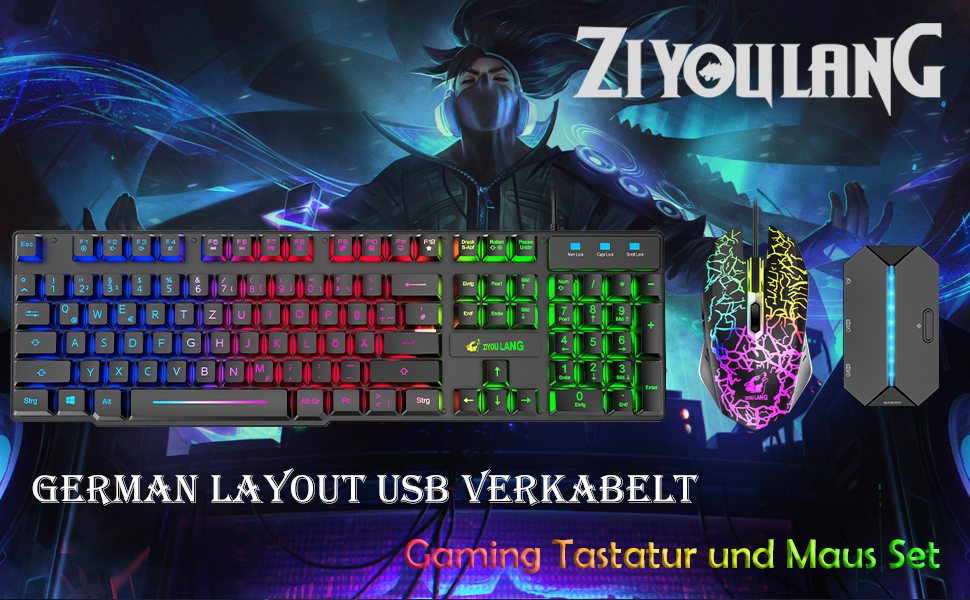 Ігровий комплект клавіатури та миші з адаптером, QWERTZ, підсвічування, 6 клавіш, миша 2400 DPI, килимок для миші, USB, ергономічний дизайн, сумісний з PS4, Xbox, Switch, чорний