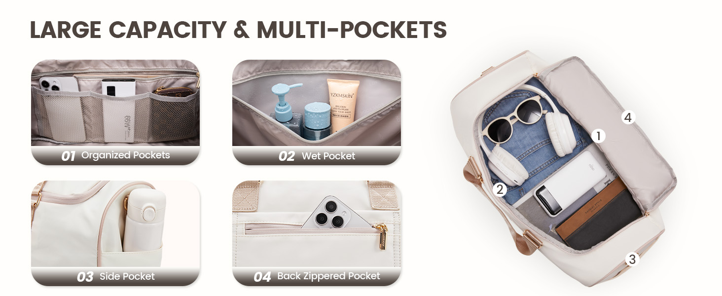 Сумка-мішок LOVEVOOK для подорожей, 37L, жіноча, для ручної поклажі, weekender, з органайзером для косметики, відділенням для взуття та вологонепроникним кишеням, водонепроникна спортивна сумка, пляжна сумка, для відпочинку, авіаперельотів, кемпінгу, M, Khaki-beige