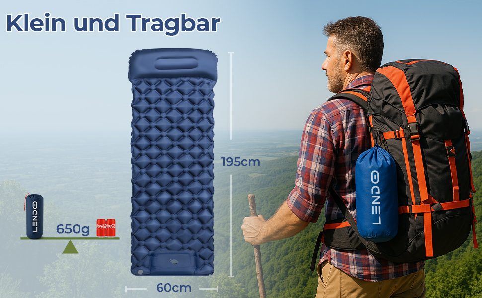 Надувний килимок для кемпінгу самонадувний Ultraleichte 195x60 см з вбудованою подушкою та помпою, водонепроникний, синій