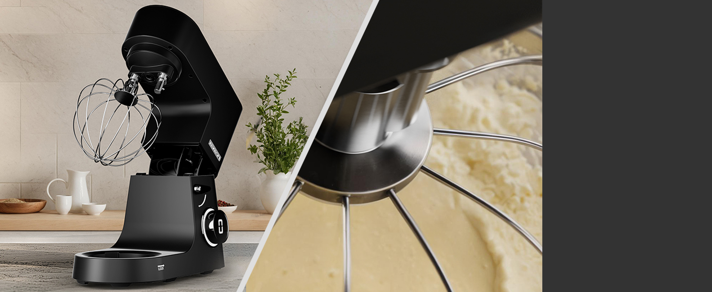 Кухонна машина Heinrichs 2500W з подвійним гаком для тіста, міксером та вінчиком, 8 швидкостей, чаша 8L з нержавіючої сталі, чорна