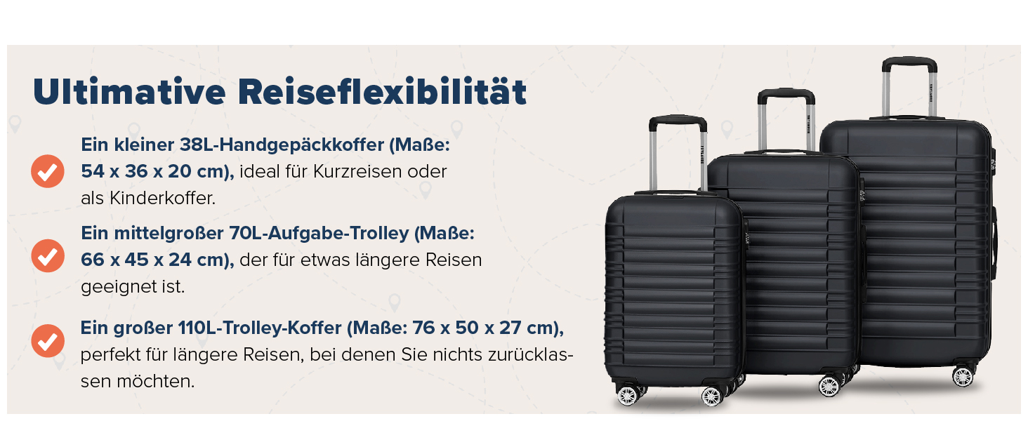 Набір валіз TRVLMORE 3 в 1: велика, середня, маленька, чорний колір. Валізи з жорстким корпусом, для подорожей, ручна поклажа 54x36x20 см.