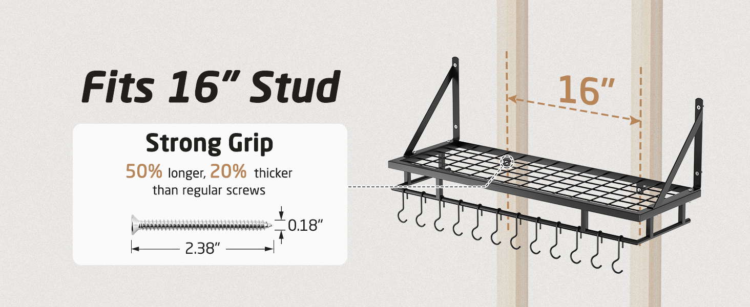 Kitchen Utensil Holder, Pan Holder, Kitchen Shelf, Kitchen with 12 Hooks, Hanging Shelf, Spice, Pan Shelf, Wall Shelf, Kitchen Rail, 75CM Wall Mount, Matte Black, KUR215S75A-BK
