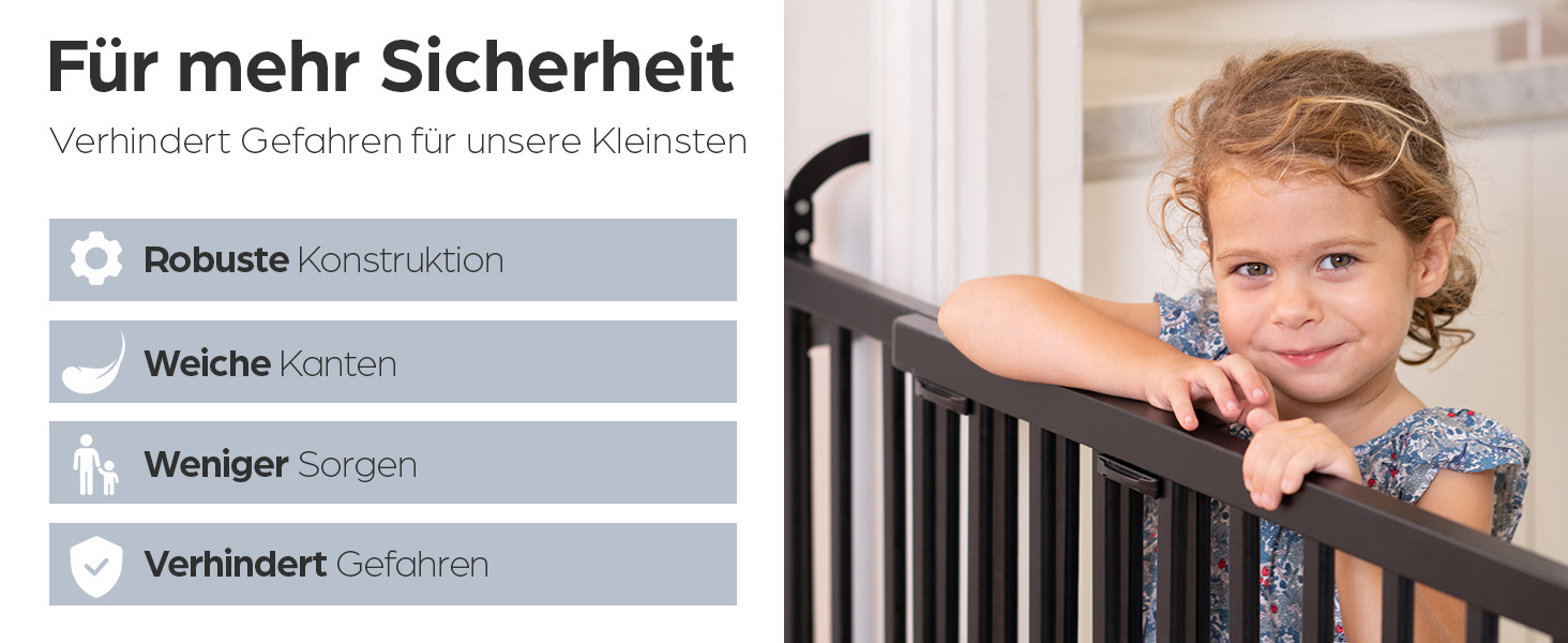 Захист для сходів Geuther Oris | Дверний захист для сходів з кріпленням, 2 клямки для поручнів, ширина, стабільне дерев'яне дитяче ворота, натуральний лак (чорний, 95-135 см)