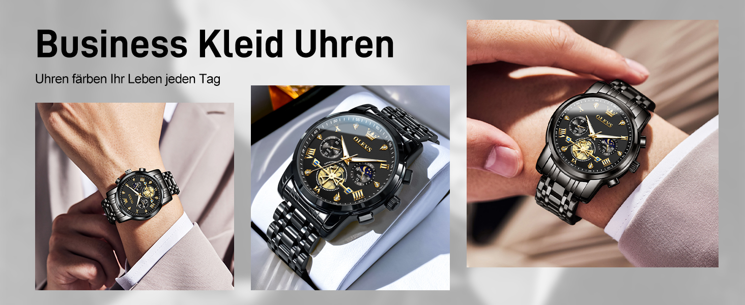 Годинник чоловічий OLEVS з металевим ремінцем, кварцовий, з місячною фазою, хронограф, водонепроникний, чорний (2856)