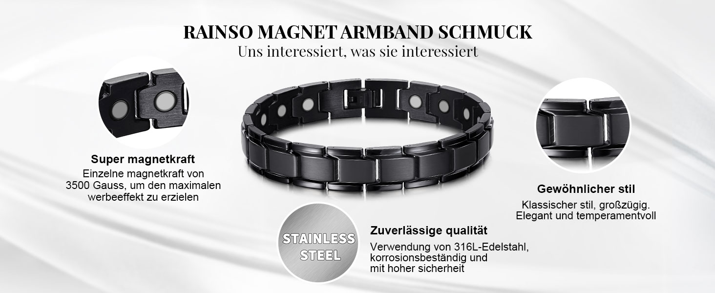 Чоловічий магнітний браслет RainSo чорний матовий з титанової сталі, зняття болю при артриті, для спортсменів та батьків