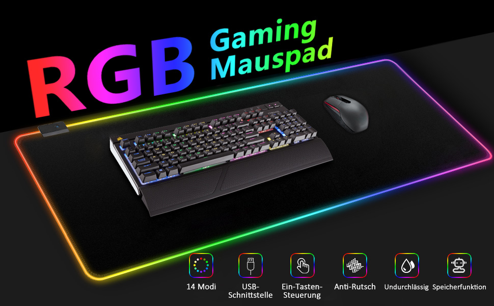 Килимок для миші ігровий RGB 800x300 мм XXL, великий, з 14 режимами підсвічування, 7 LED кольорами, вологостійкий, з антиковзким покриттям для ПК, професійний геймер, чорний