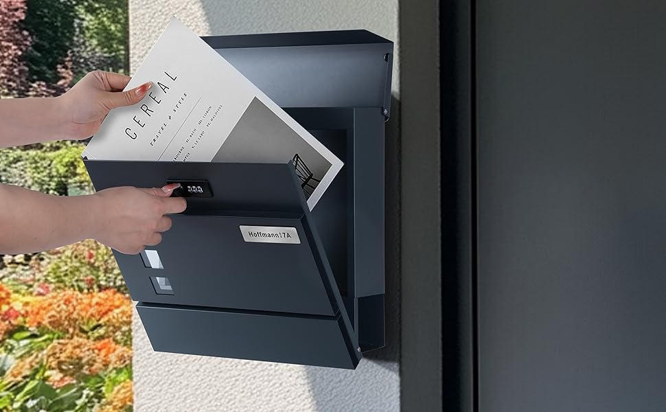 Персоналізована поштова скринька Zedelmaier з нержавіючої сталі, іменна табличка, навісна, з кодовим замком і відділенням для газет, антрацит, 10x31x33 см