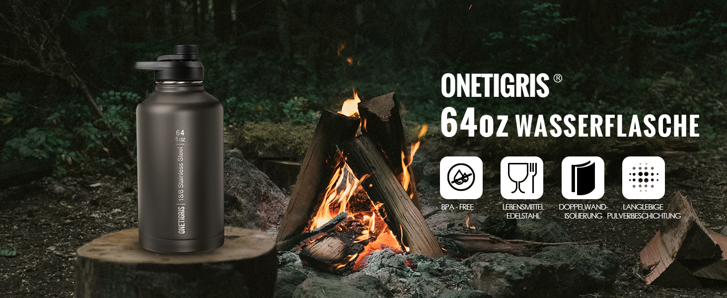 OneTigris термос-бутилка з нержавіючої сталі 1,9 л, спортивна пляшка з ізоляцією для води, для велосипеда, кемпінгу, йоги, тренажерного залу, софтейру, чорна