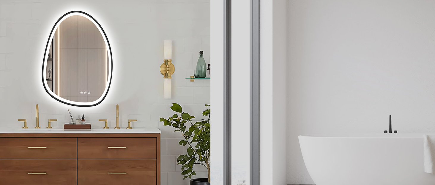 Дзеркало з підсвіткою, асиметричне LED, 75x55 см, з сенсорним вимикачем, антизапар, 3 кольори світла, регулювання яскравості, функція пам'яті, чорний (горизонтальне/вертикальне)