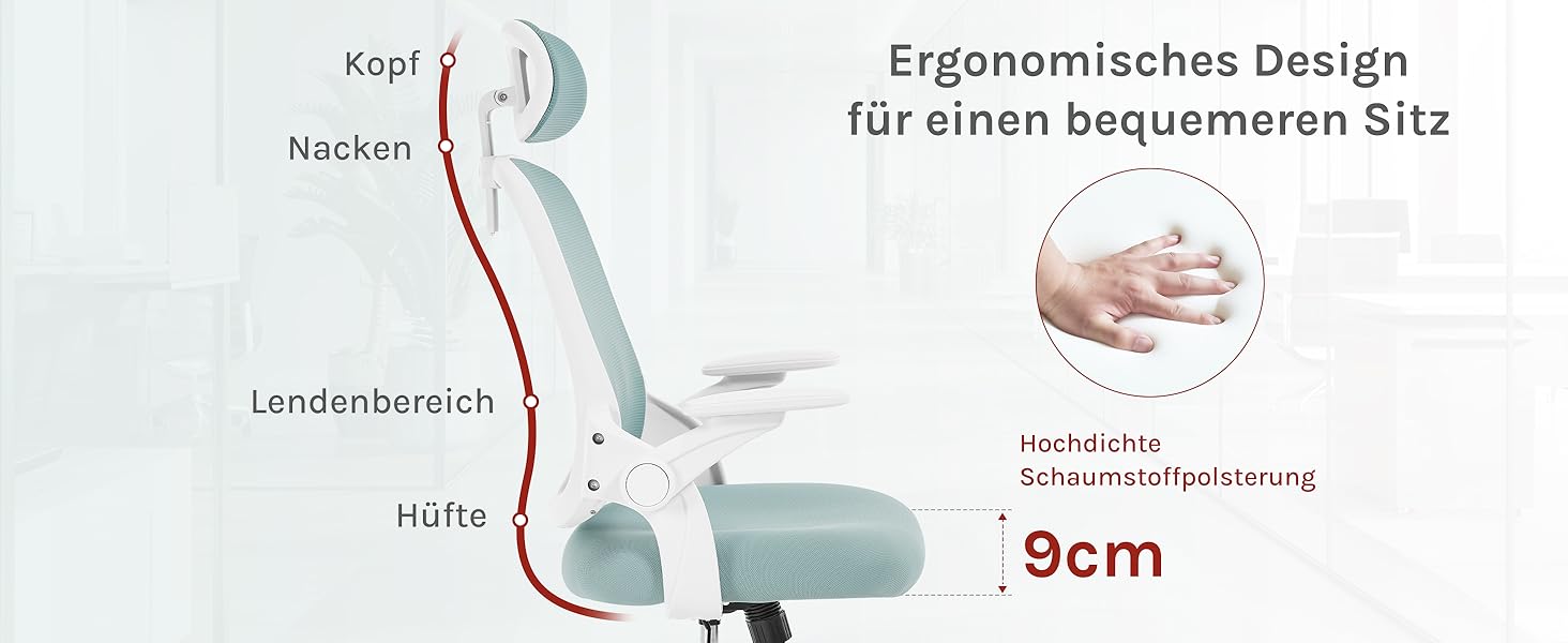 Крісло офісне WOLTU ергономічне з регульованою підголовником та підтримкою попереку, функцією гойдання, для офісу, витримує 150 кг (Блакитне)