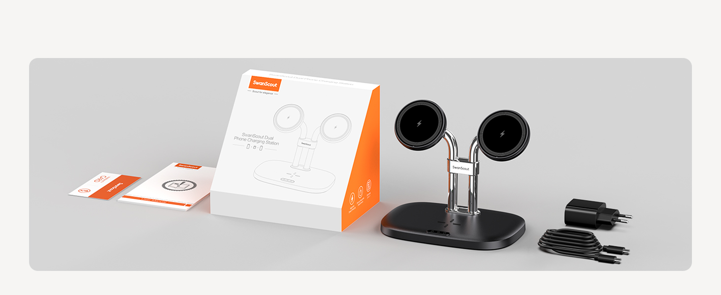 Бездротова зарядка SwanScout для iPhone 17/Air, AirPods Pro 3/2, 2 телефони, чорний