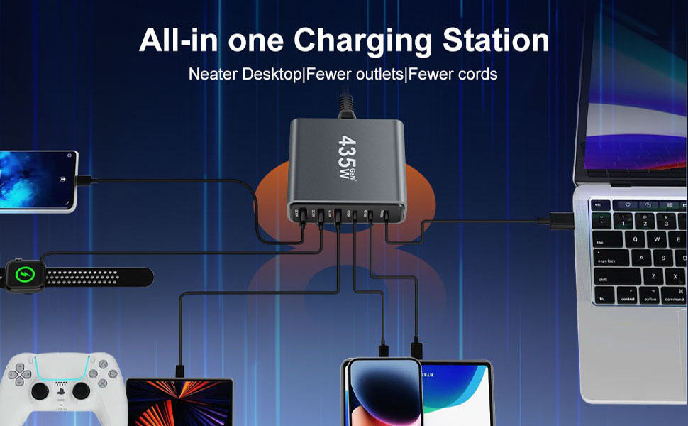 Зарядний пристрій USB-C 435W, 6 портів: швидка зарядка для MacBook Pro/Air, iPad Pro/Air, Samsung та інших – чорний